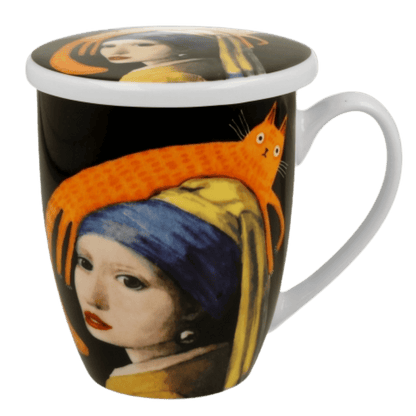 Kubek porcelanowy Dziewczyna z Kotem, pomarańczowy kot na portrecie dziewczyny