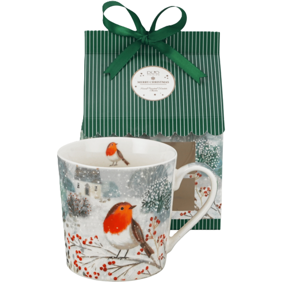 Kubek porcelanowy Robin In Snow 360 ml marki Duo Gift, porcelanowy model z dekoracyjnym motywem, pierwsze ujęcie
