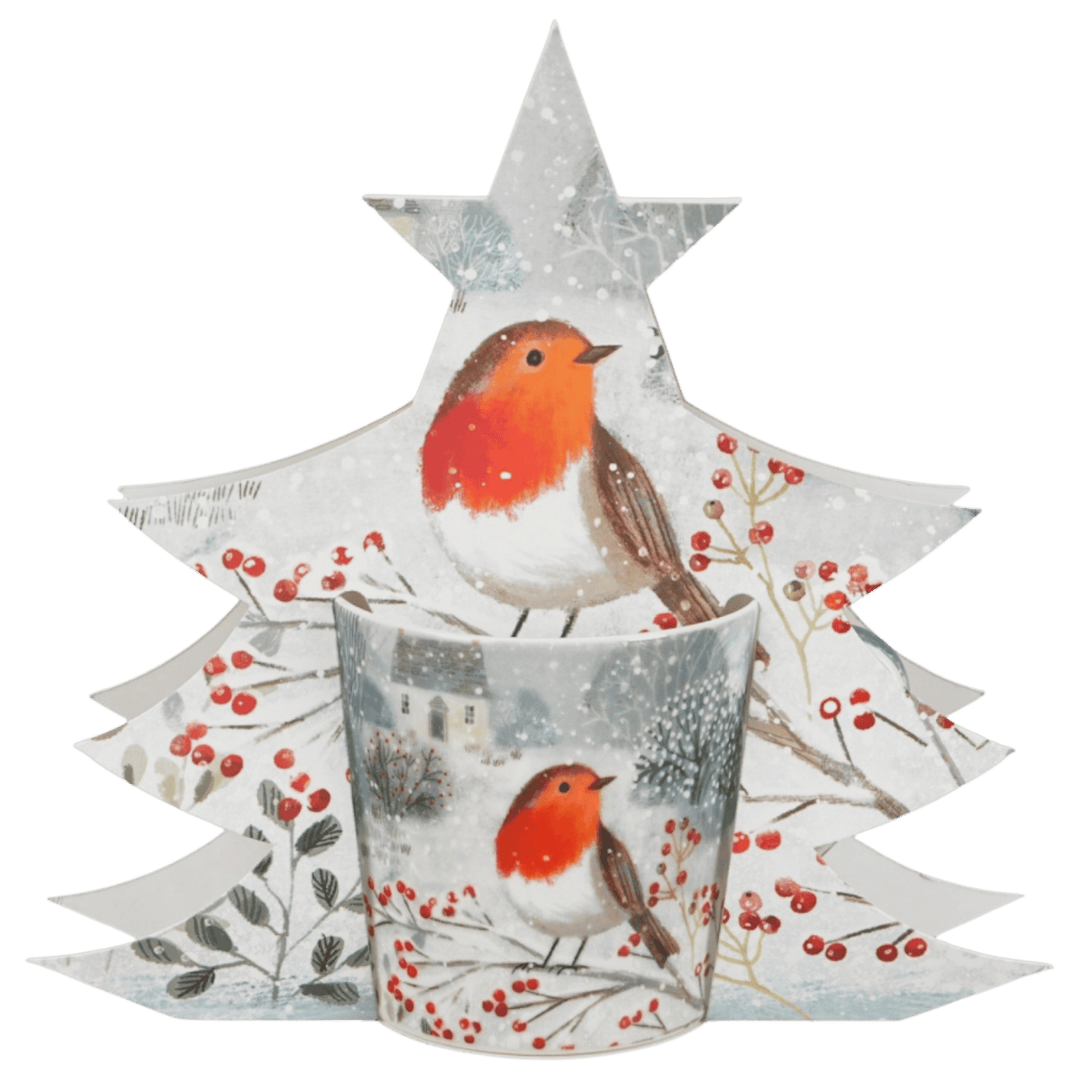 Kubek porcelanowy Robin in Snow z dekoracją rudzika na tle zimowej scenerii