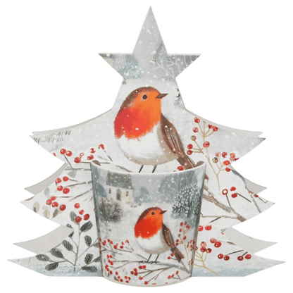 Kubek porcelanowy Robin in Snow z dekoracją rudzika na tle zimowej scenerii