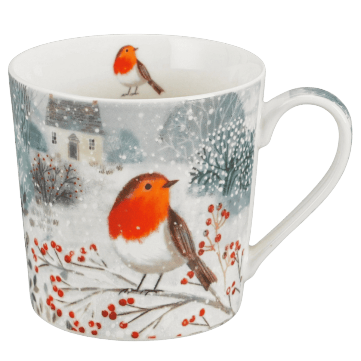 Kubek Robin in Snow z porcelany New Bone China, zimowy motyw ptaka
