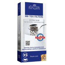 Pudełko filtrów papierowych Finum rozmiar XS 100 sztuk z grafiką liści herbaty.