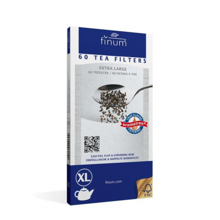 Pudełko filtrów papierowych Finum rozmiar XL 60 sztuk z grafiką liści herbaty.