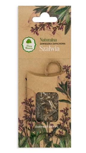 Naturalna zawieszka zapachowa o aromacie szałwii w ekologicznym opakowaniu z motywem roślinnym.