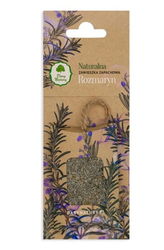 Naturalna zawieszka zapachowa o aromacie rozmarynu w ekologicznym opakowaniu z grafiką ziół.