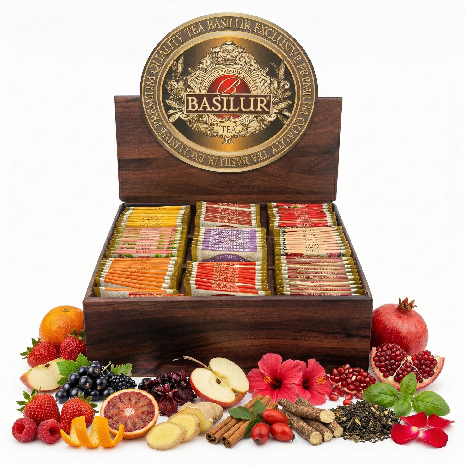 Elegancki zestaw herbat Basilur w pudełku, różne smaki w saszetkach, otoczony świeżymi owocami i przyprawami