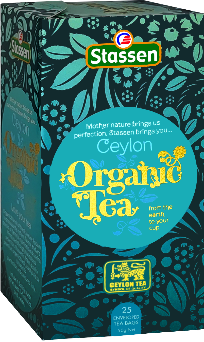 Bok pudełka herbaty organicznej Stassen Organic Black Tea.