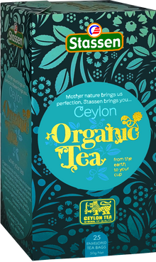 Bok pudełka herbaty organicznej Stassen Organic Black Tea.