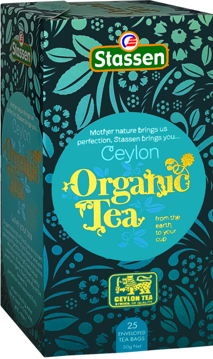 Bok pudełka herbaty organicznej Stassen Organic Black Tea.