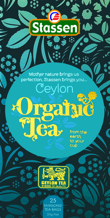 Opakowanie herbaty czarnej Stassen Organic Black Tea – widok z przodu.