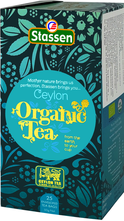 Pudełko herbaty Stassen Organic Black Tea pokazane pod kątem.