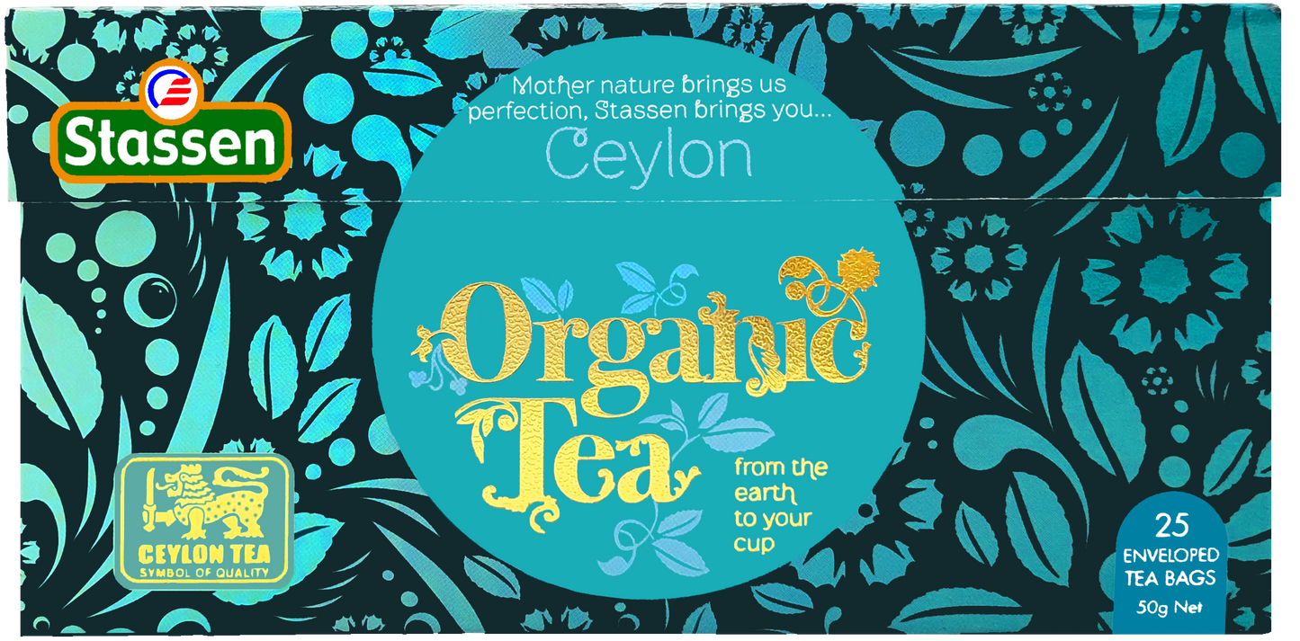 Poziomo ułożone pudełko herbaty Stassen Organic Black Tea 50 g.