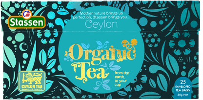 Poziomo ułożone pudełko herbaty Stassen Organic Black Tea 50 g.