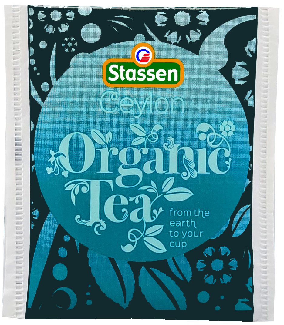 Saszetka herbaty Stassen Organic Black Tea w turkusowym opakowaniu.