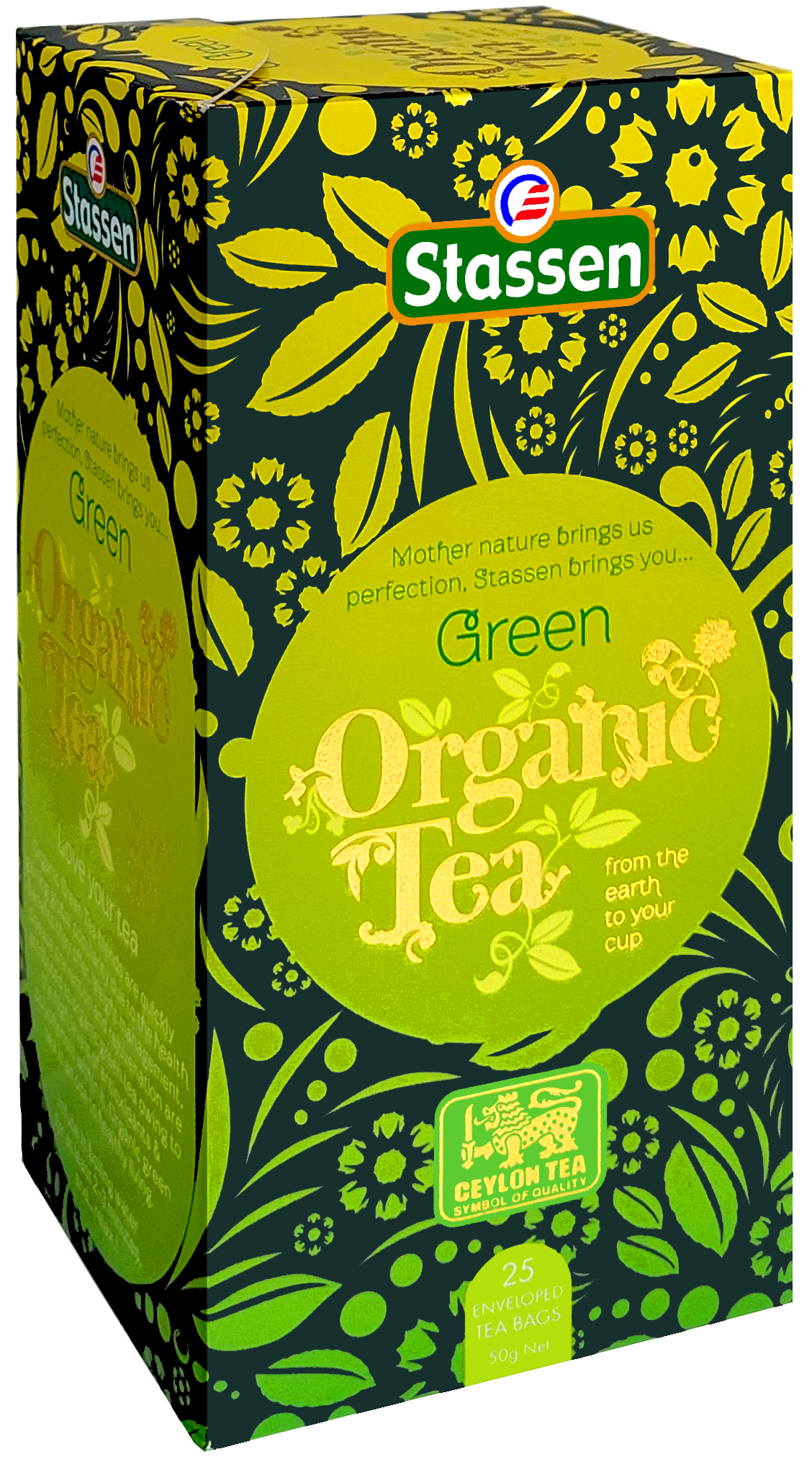 Bok opakowania herbaty Stassen Organic Green Tea w zielonej kolorystyce.