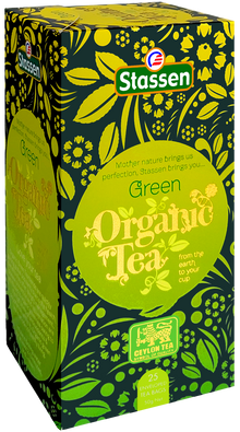 Bok opakowania herbaty Stassen Organic Green Tea w zielonej kolorystyce.