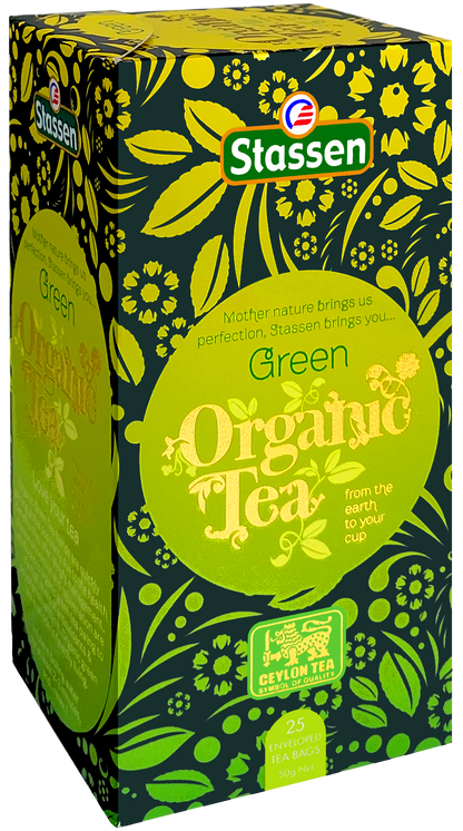 Bok opakowania herbaty Stassen Organic Green Tea w zielonej kolorystyce.