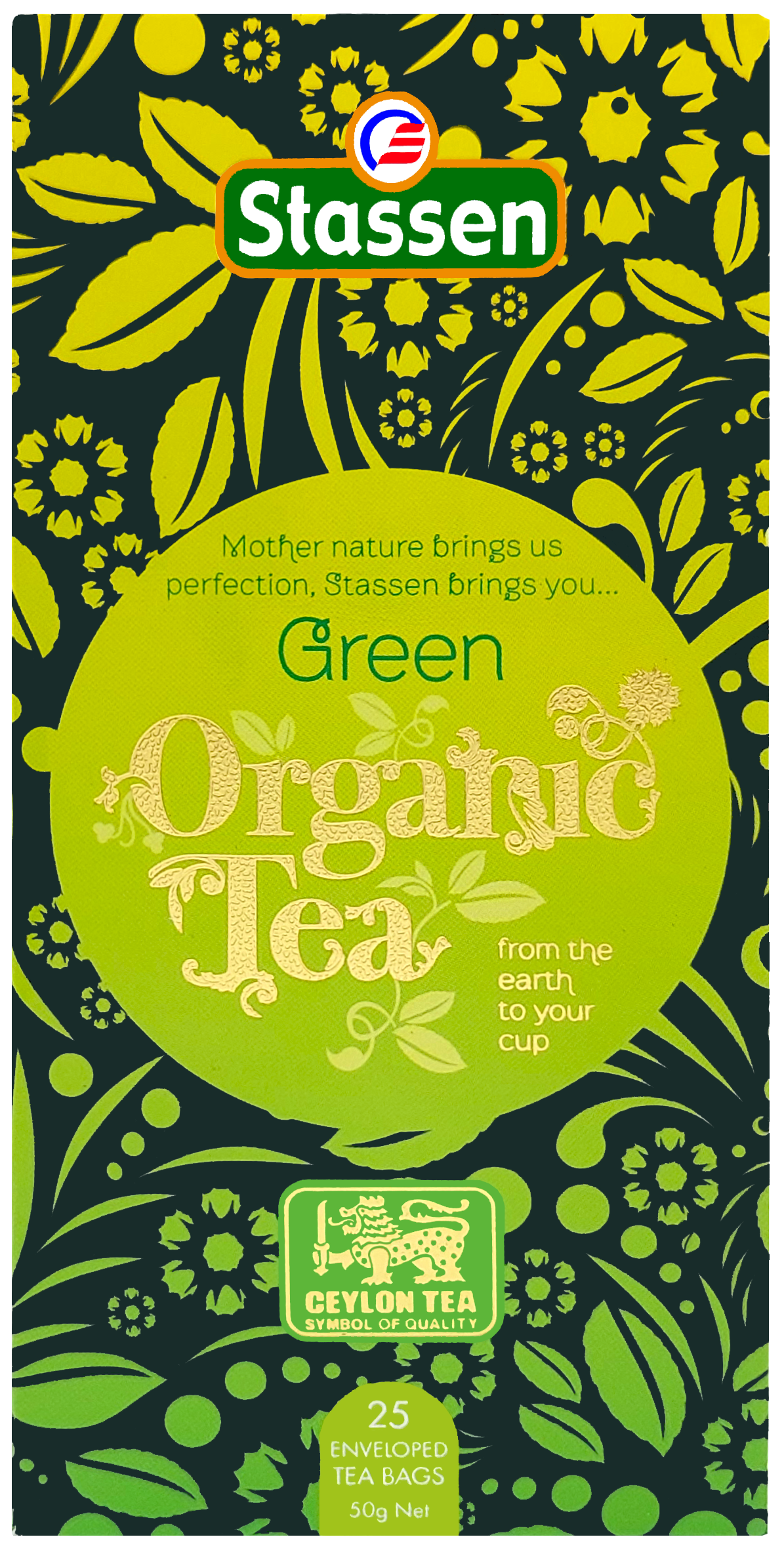 Pudełko herbaty Stassen Organic Green Tea 25 x 2 g – widok z przodu.