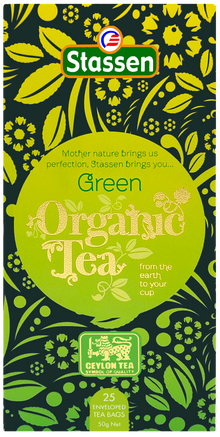 Pudełko herbaty Stassen Organic Green Tea 25 x 2 g – widok z przodu.