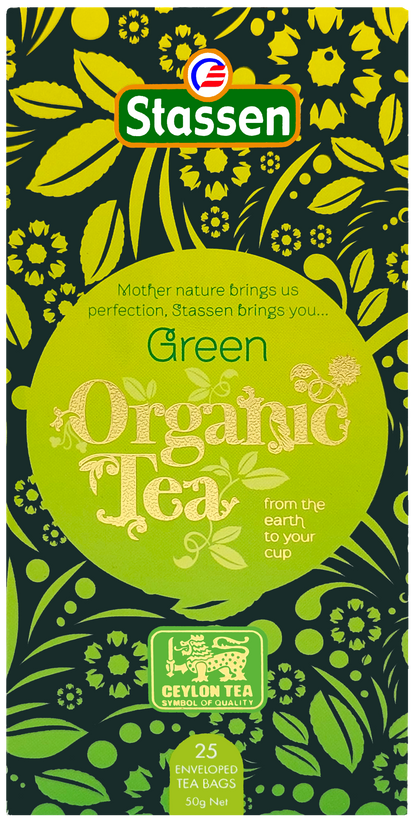 Pudełko herbaty Stassen Organic Green Tea 25 x 2 g – widok z przodu.