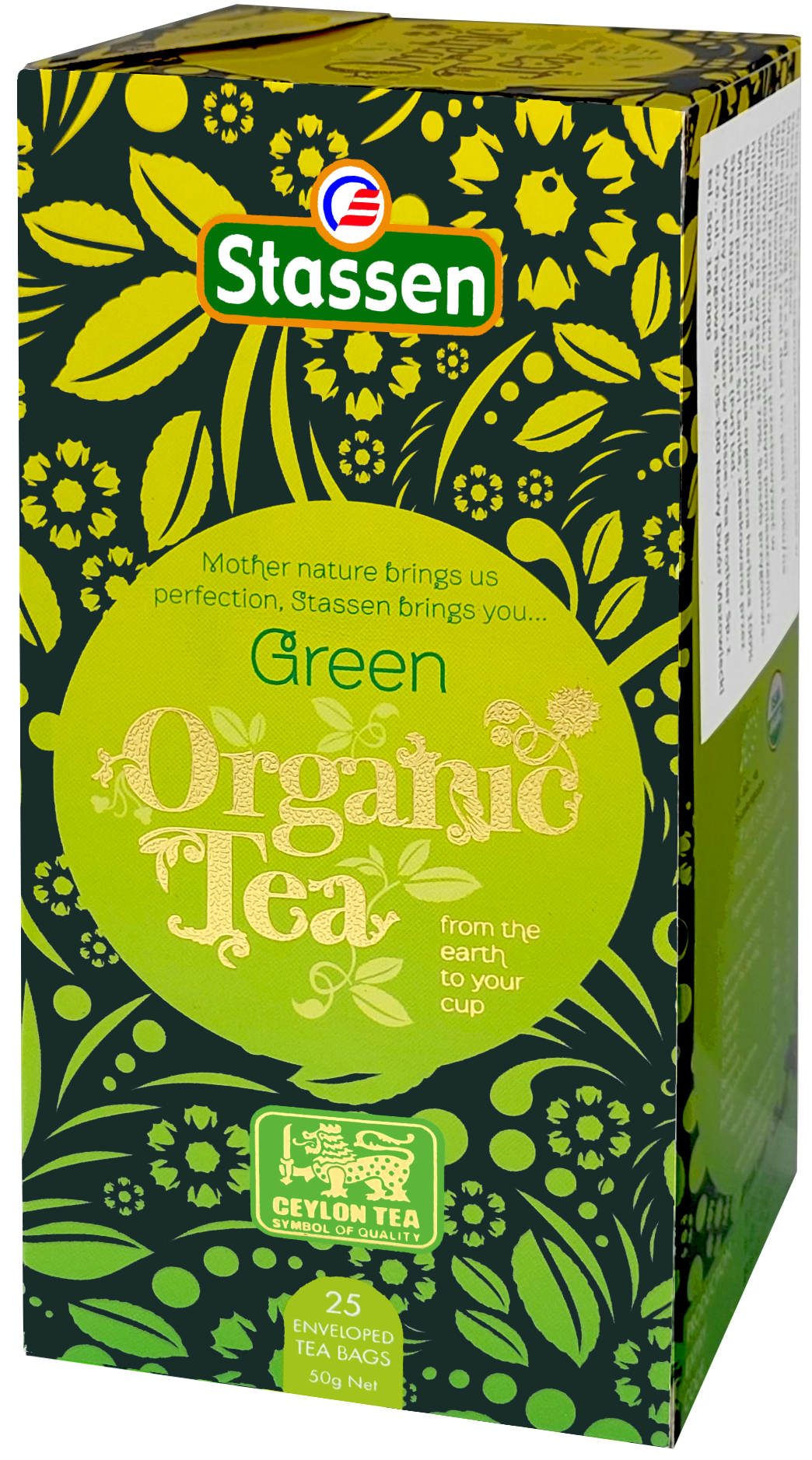 Perspektywiczny widok pudełka herbaty Stassen Organic Green Tea.