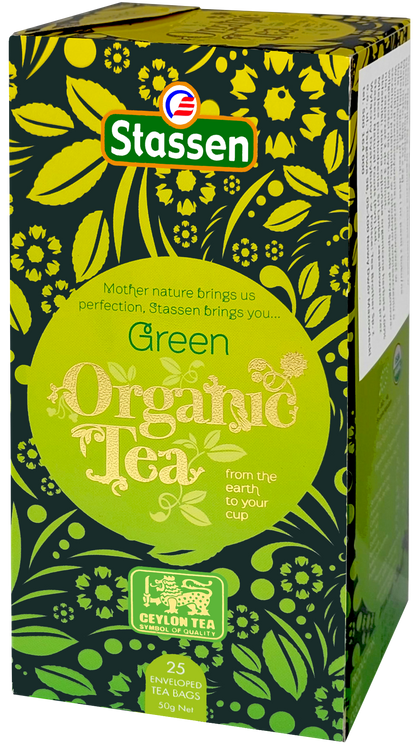 Perspektywiczny widok pudełka herbaty Stassen Organic Green Tea.