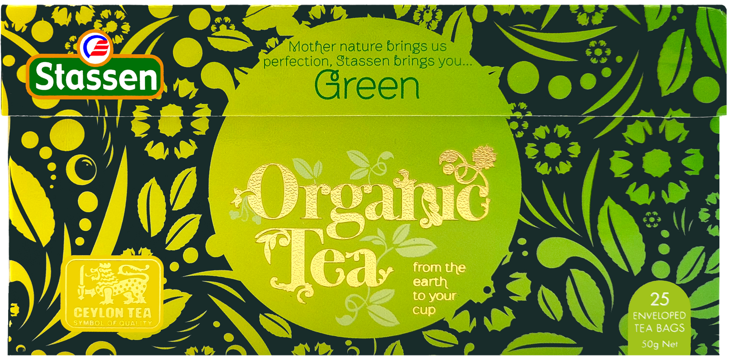 Poziomo ułożone opakowanie Stassen Organic Green Tea 50 g.