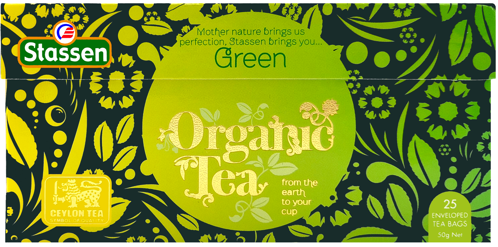 Poziomo ułożone opakowanie Stassen Organic Green Tea 50 g.