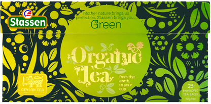 Poziomo ułożone opakowanie Stassen Organic Green Tea 50 g.