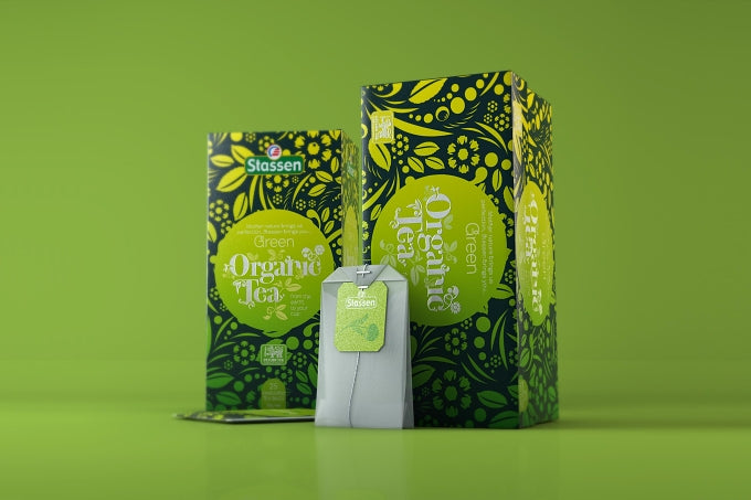 Zestaw: pudełko i torebka herbaty Stassen Organic Green Tea.