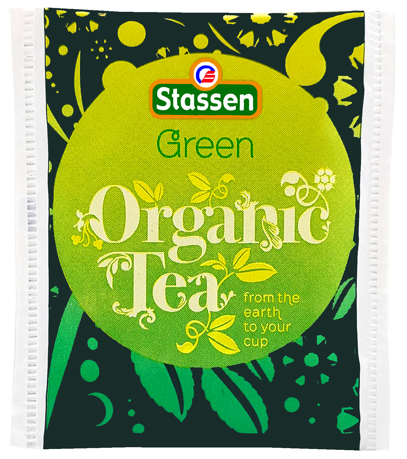 Saszetka herbaty Stassen Organic Green Tea w zielonej kopercie.