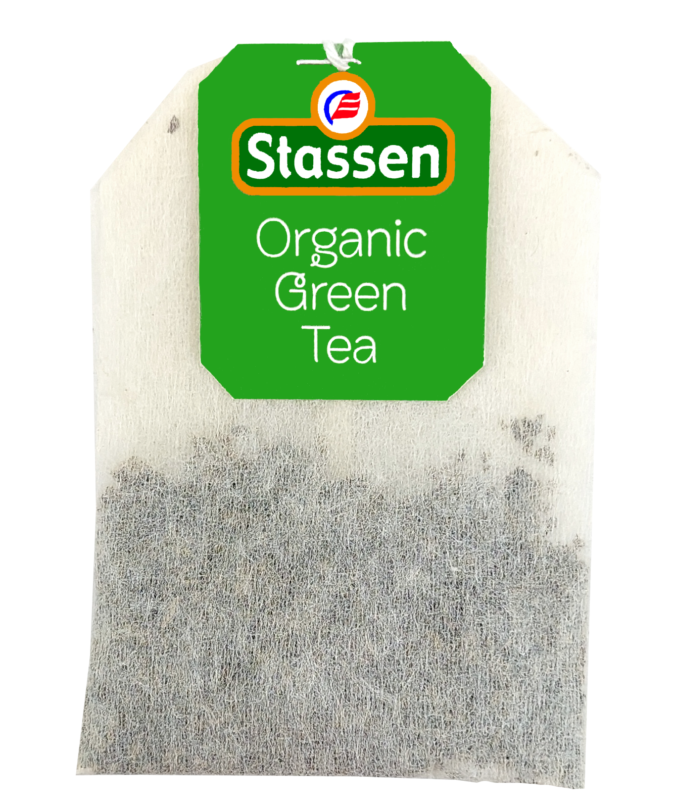 Torebka herbaty Stassen Organic Green Tea z suszem w środku.
