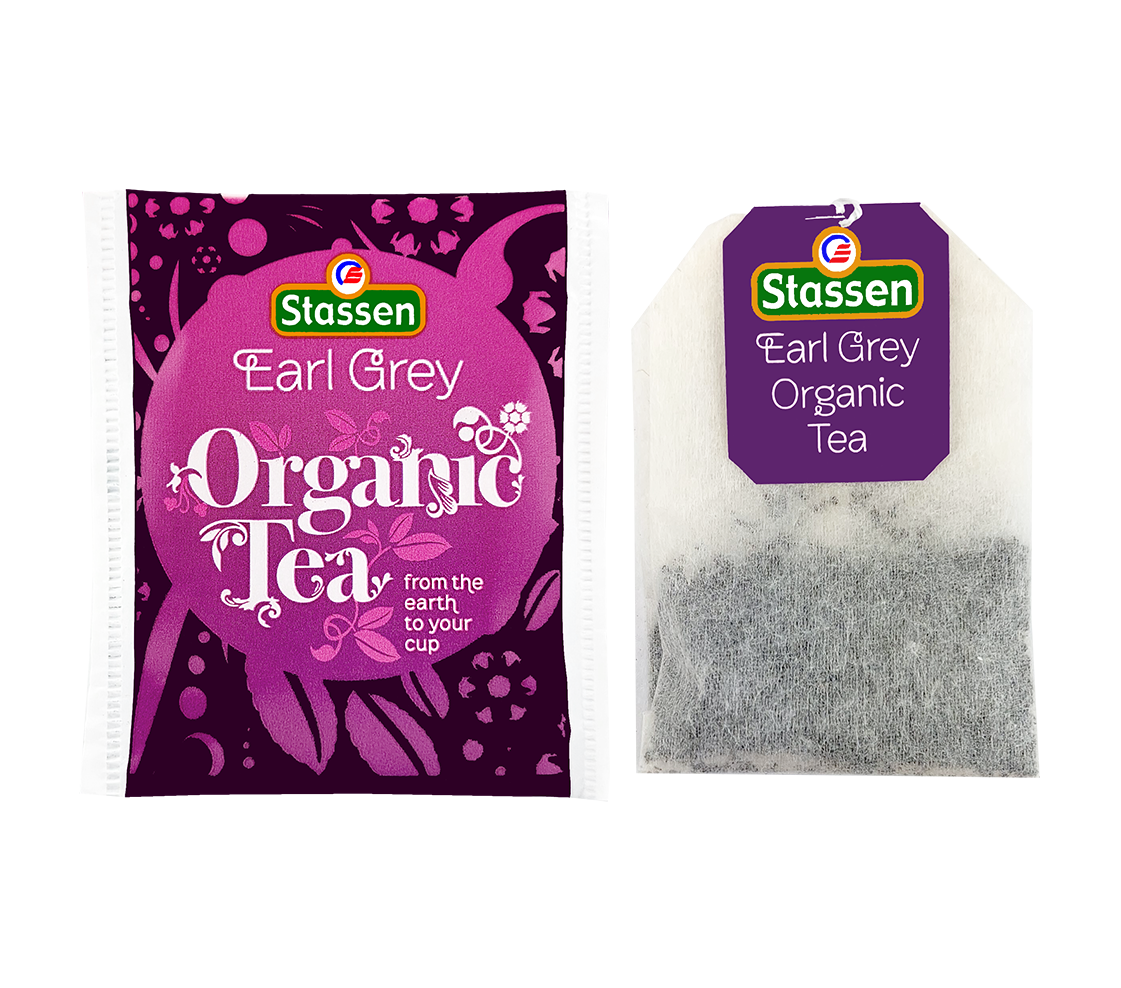 Saszetka i torebka herbaty czarnej Stassen Organic Earl Grey obok siebie