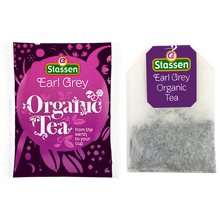 Saszetka i torebka herbaty czarnej Stassen Organic Earl Grey obok siebie