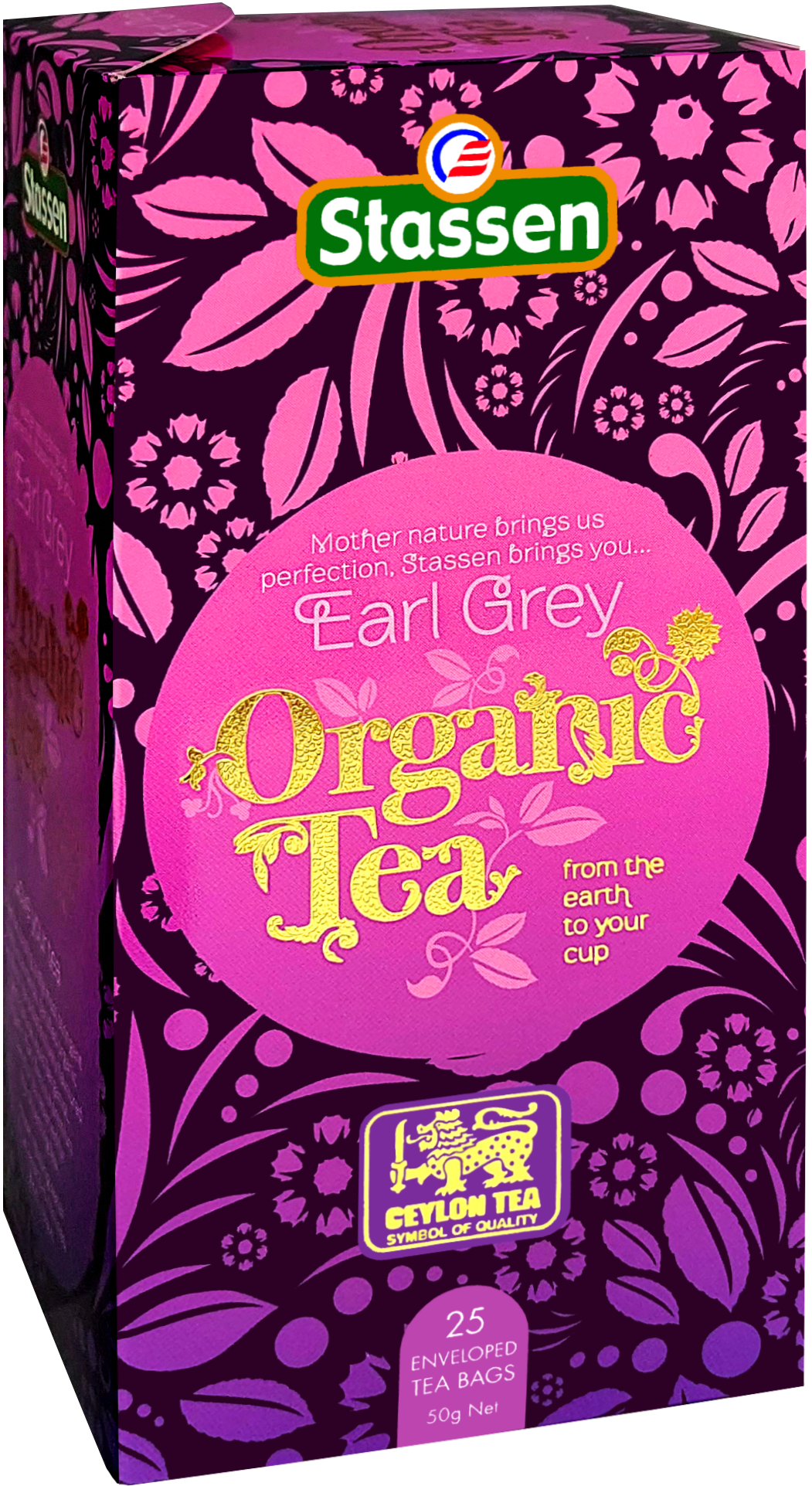 Pudełko herbaty Stassen Organic Earl Grey widok boczny z kwiatowym wzorem