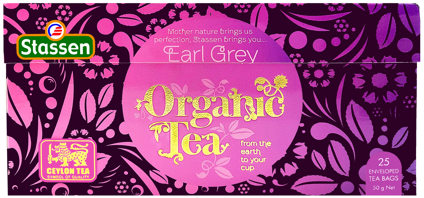 Opakowanie herbaty Stassen Organic Earl Grey zaprezentowane płasko