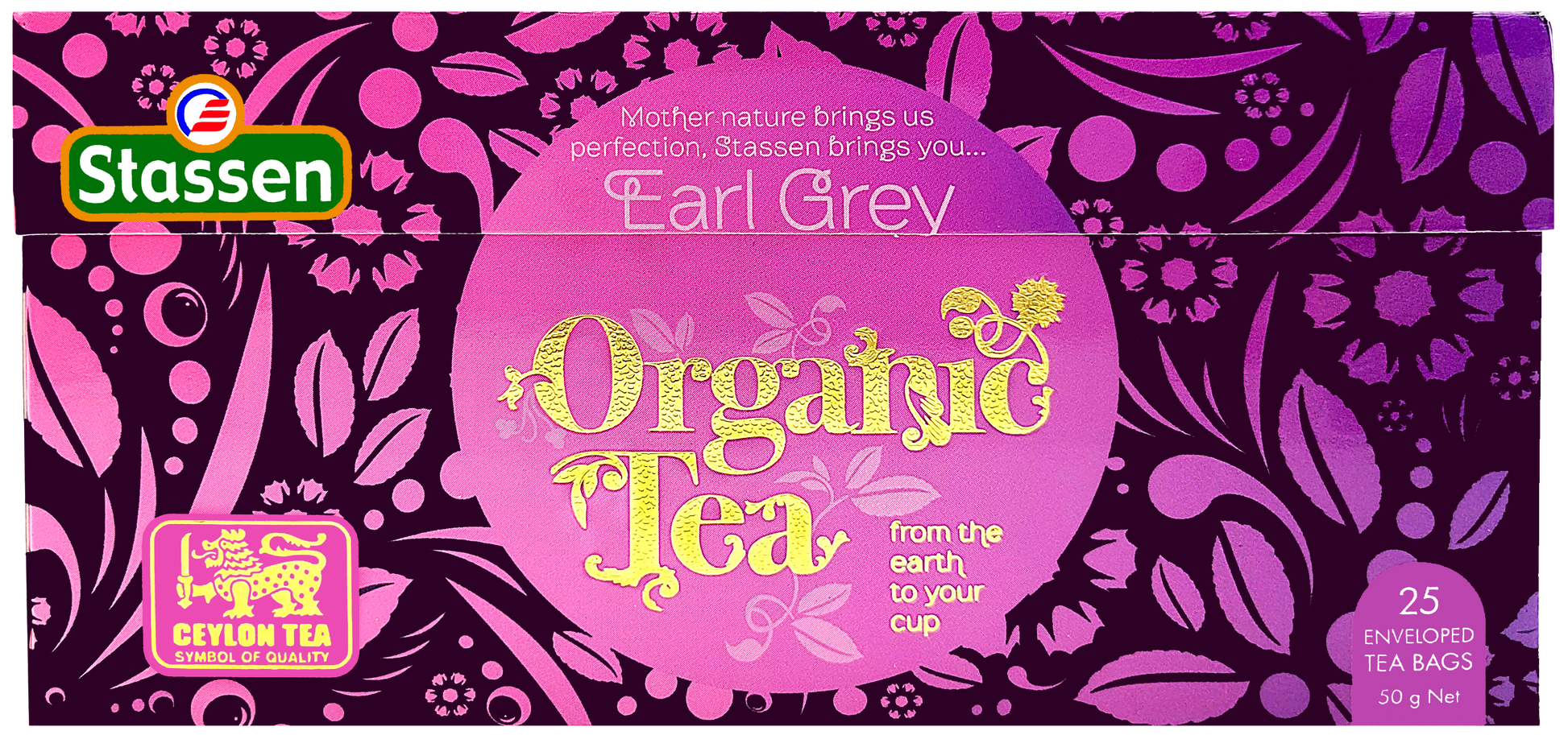 Opakowanie herbaty Stassen Organic Earl Grey zaprezentowane płasko