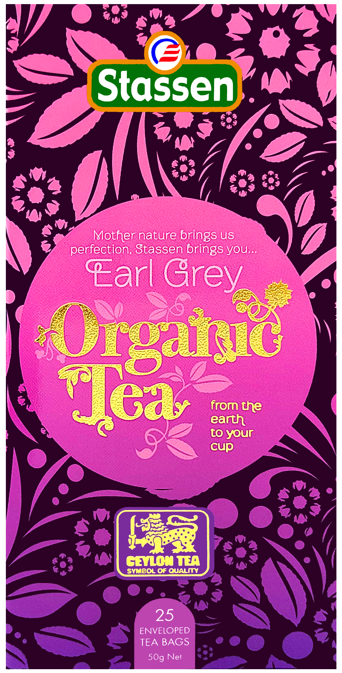 Herbata czarna Stassen Organic Earl Grey w fioletowym opakowaniu 25 torebek
