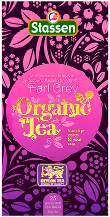 Herbata czarna Stassen Organic Earl Grey w fioletowym opakowaniu 25 torebek