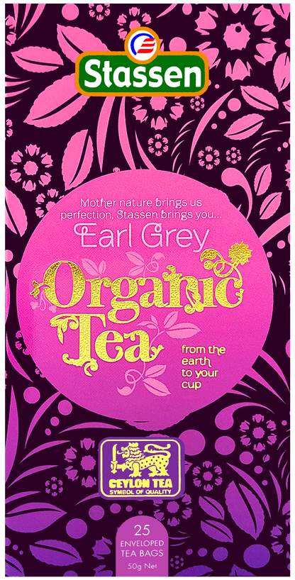 Herbata czarna Stassen Organic Earl Grey w fioletowym opakowaniu 25 torebek