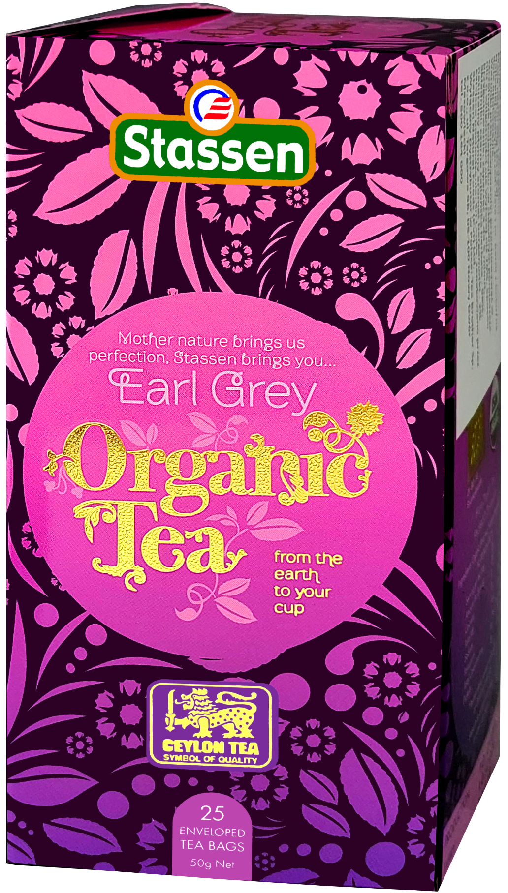 Eleganckie opakowanie Stassen Organic Earl Grey Tea prezentacja pod kątem