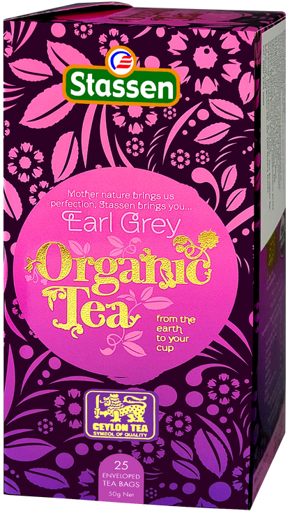 Eleganckie opakowanie Stassen Organic Earl Grey Tea prezentacja pod kątem