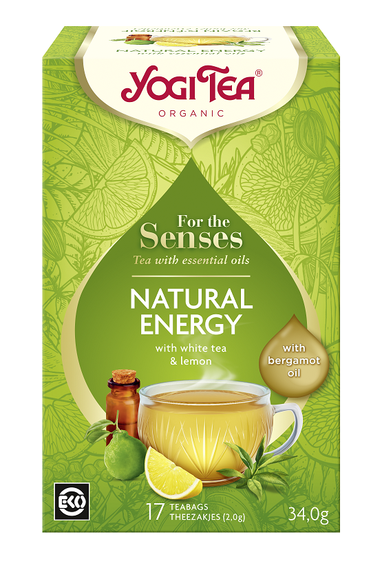 Opakowanie herbaty Yogi Tea Dla Zmysłów Natural Energy z białą herbatą, cytryną i olejkiem bergamotowym, 17 saszetek.