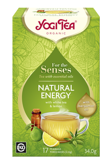Opakowanie herbaty Yogi Tea Dla Zmysłów Natural Energy z białą herbatą, cytryną i olejkiem bergamotowym, 17 saszetek.