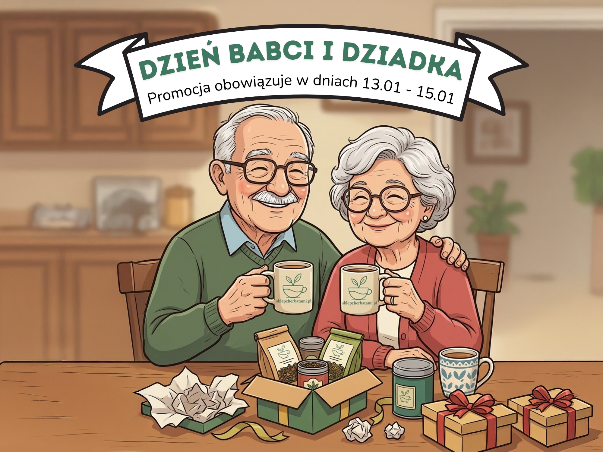 Ilustracja uśmiechniętych dziadków pijących herbatę przy stole, baner promocyjny Dzień Babci i Dziadka, prezenty i herbaty w tle.