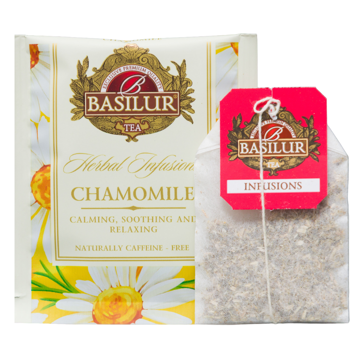 Saszetka Basilur Chamomile w indywidualnej kopercie z torebką herbaty ziołowej z rumianku 100%.
