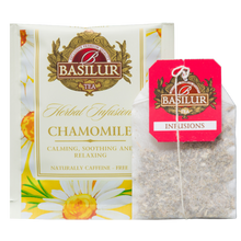 Saszetka Basilur Chamomile w indywidualnej kopercie z torebką herbaty ziołowej z rumianku 100%.