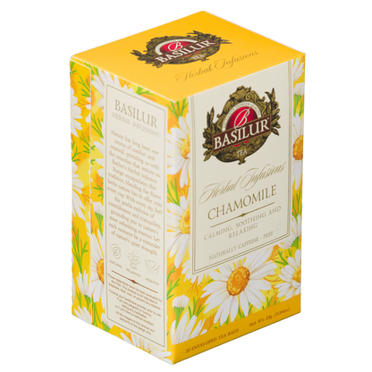 Opakowanie Basilur Chamomile 20 kopert pokazane z boku, herbata ziołowa z rumianku w dekoracyjnym pudełku.