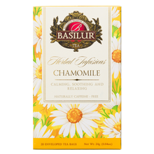 Front opakowania Basilur Chamomile 20 kopert z motywem kwiatów rumianku, herbata ziołowa 100% rumianek.