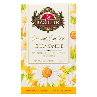 Front opakowania Basilur Chamomile 20 kopert z motywem kwiatów rumianku, herbata ziołowa 100% rumianek.